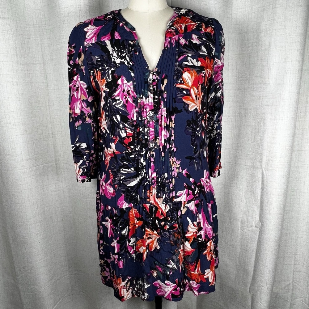 Anthropologie Maeve‎ Caravan Tunic Dress Size Small Navy Blue Floral Pleated